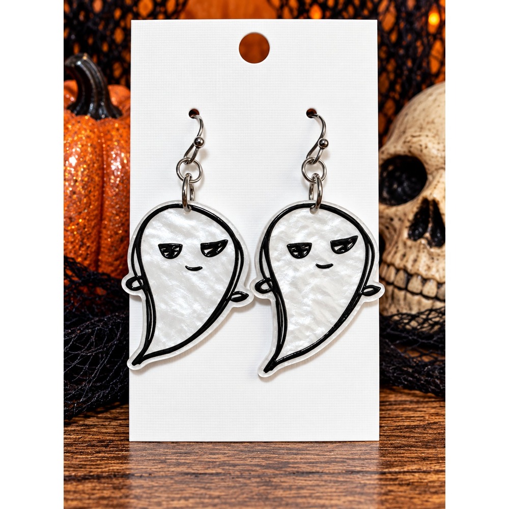 Handmade Pearlescent Ghost Earrings Halloween Spooky Cute Acrylic Dangles